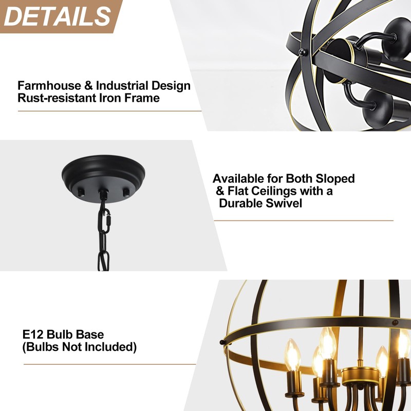 DLLT 6-Light Orb Chandelier, Black and Gold Globe Pendant Lights,