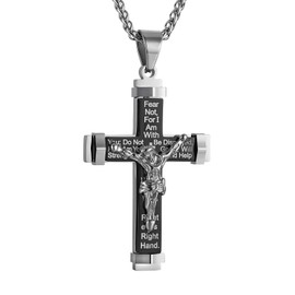 HZMAN Men's Crucifix Stainless Steel Cross Lord's Prayer Pendant Necklace with 20" 24" 28" Rope Chain