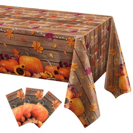 Hosuly 3 Pcs Fall Tablecloth Thanksgiving Pumpkin Plastic Tablecloth Disposable Plastic Cover for Table Rectangle Pumpkin Maple Leaf Table Cover for Autumn Harvest Holiday, 54 x 108 Inch (Cute)