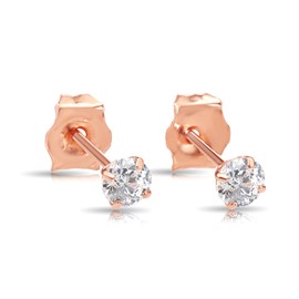 14k Solid Rose Gold Basket Set Round CZ Stud Earrings, Push back Cz Studs, Sleeper Cz Studs, Unisex (3mm)…