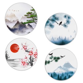Coasters for Drinks,Misty Forest Trees Mountain Japanese Absorbent Coaster Set of 4 with Cork Base,Ceramic Drink Coasters for Cold Drinks Wine Glasses Cups Mugs,Housewarming Gifts for Home Decor