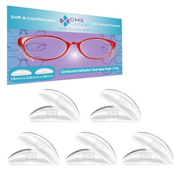 GMS Optical® Kids Small Adhesive Contoured Silicone Eyeglass Nose Pads - Anti Slip & Pressure Relief - Perfect for Kids Glasses and Smaller Frames (13mm x 6.5mm x 1.8mm) (5 Pair - Clear)