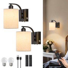 Powfloven Rechargeable Wall Sconces Set of 2, 12000mAh Black Dimmable Wireless Battery Operated LED Wall Lights with Remote, Cordless Wall Lighting Lamp Fixture for Bedroom Living Room