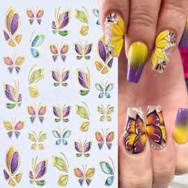 8Pcs Butterfly Nail Stickers for Nail Art, Star Moon Gold Flowers Nail Decals Colorful Gold Floral Nail Art Stickers 3D Self-Adhesive Metal Butterfly Nail Supplies for Women Girls DIY Charms