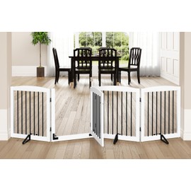 PUPETPO Freestanding Dog Gate with Door, Pet Gate for Stairs, 80 inch Wide Pet Barrier Indoor, Dog Fences Indoor, Support Feet Included, 4 Panels, 24" Tall, White & Black