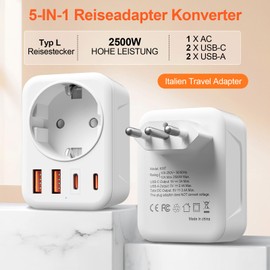 Denlane Adapter Italien Steckdose, 5 in 1 Reiseadapter Italien mit 1 AC & 2 USB-C & 2 USB-A(3.4A), 3-Polig Italien Stecker Adapter für Chile, Uruguay, Äthiopien, Eritrea, Syrien, Reisestecker Typ L