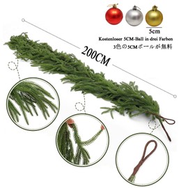 Christmas Garland, Artificial Norfolk Pine Wreath Christmas Decoration, Detailed and Realistic, Green, 200cm, with 3-Color 5cm Diameter Balls