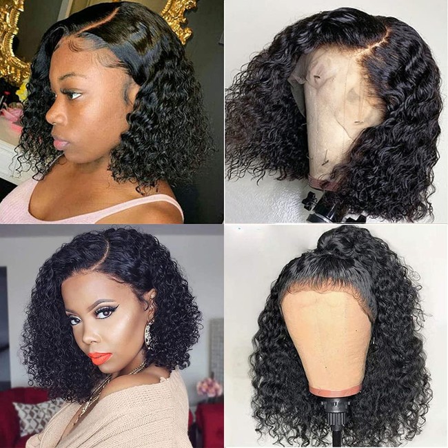 Ainmeys short curly bob wigs 13x4 Lace Front Wigs Human Hair Brazilian Virgin Human Hair Wigs for balck women Kinky Curly Lace Wigs Pre Plucked with Baby Hair 150% Density Natural Black(12inch)