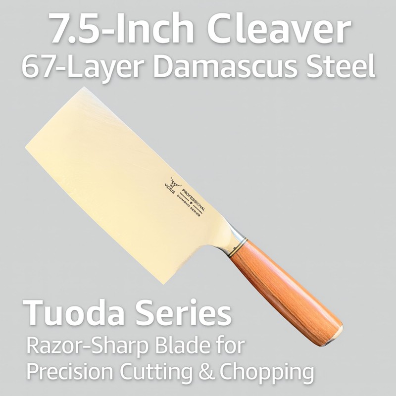 VICIUS 7.5-Inch Cleaver – 67-Layer Damascus Steel Tuoda Series, Razor-Sharp