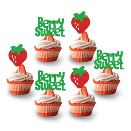 Set of 24 Glitter Strawberry Cupcake Topper for Berry Rush Strawberry Theme Kids Birthday Hawaiian Tutti Frutti Party Baby Shower Wedding Bridal Shower Supplies