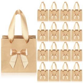 Honoson 50 Pcs Small Gift Bags with Handle 4 x 2.75 x 4.5 No DIY Mini Paper Bags Bulk with Bow Ribbon for Wedding Birthday Party Favor Baby Shower Guests (Champagne)