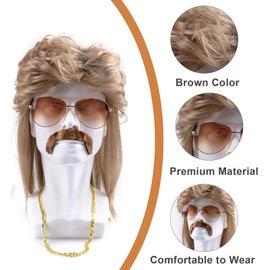 Mullet Wig Brown, 4 Piece Set Mullet Wig for Mullet Party, 80s 90s Outfits Hip Hop Costume Kit, Pop Rock Wig + Sunglasses + Necklace + Beard, Disco Wig Costume Fancy Dress