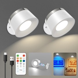 Speclux LED Wall Sconces Set of Two, Rechargeable Battery Operated Wall Lights with Remote, Wall Lamp Wireless 3 Color Temperatures + 13 RGB & Dimmable Magnetic 360° Rotation (Two Pack White)