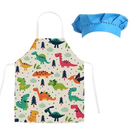 Kids Apron and Chef Hat Set Cute Pink Unicorn Apron for Girls Funny Cartoon Kitchen Bib for Painting Cooking Baking，white dino