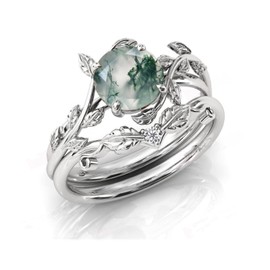 Natural Moss Agate Ring 925 Sterling Silver Green Round Moss Agate Ring Set Promise Ring Engagement Wedding Jewelry Gift for Women #7.5
