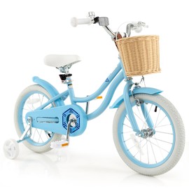COSTWAY Kids Bike, 16 Inch Toddlers Bike with Training Wheels, Adjustable Seat & Handlebar, Hand & Coaster Brakes, Basket, Bell, Kids Bicycle for Girls Boys Aged 3-8 Years Old, Blue