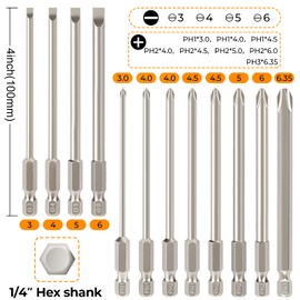 Hakkin 12Pcs 100mm Long Magnetic Flat Slotted Phillips Cross Head Screwdriver Bit Set S2 Steel 1/4” Hex Shank Screw Driver Impact Drill Bits for Furniture Assembly