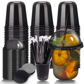 12oz Disposable Stemless Glasses With Dome Lids and Straws,PET Disposable Drinking Cups,Clear Plastic Wine Glasses for Parties Birthday,Wedding,Meeting,Christmas Party Supplies (50, Black Dome)