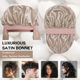 Doitory Satin Silk Bonnet for Sleeping, Double Layer Silk Sleep Cap for Men & Women, Soft Satin Lined Bonnet for Natural & Curly Hair(Champagne Pink)