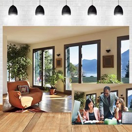 OERJU 8x6ft Business Office Photography Backdrop Green Plants Lakeside Empty Office Wooden Plank Photo Background Lawn Sunlight Mountain Interior House Video Conference Backdrop Photo Booth