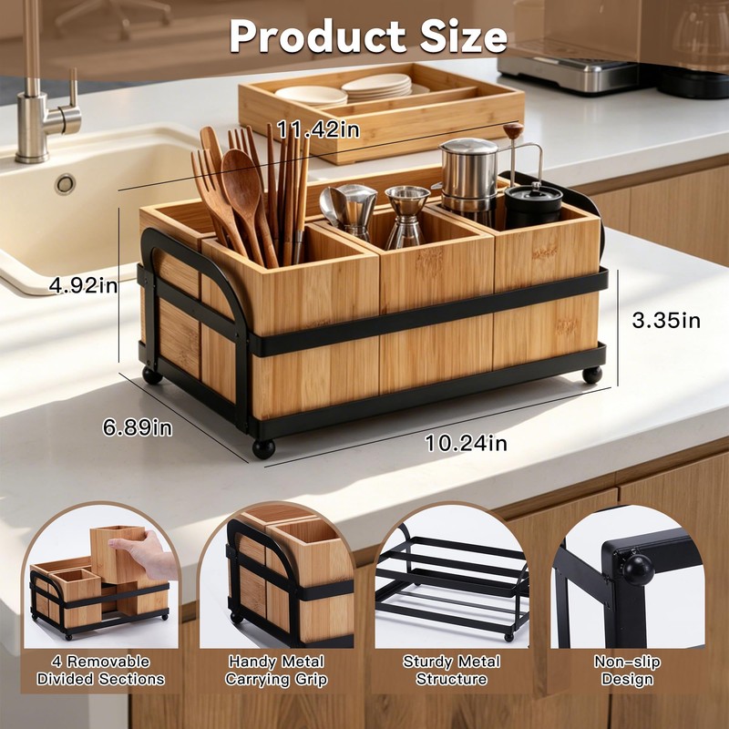 Candco Silverware Holder, Wood Utensil Caddy Paper Plate Dispenser for