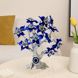 Turkish Evil Eye Tree Decorative Ornament, Silver and Blue Resin Flowers, Good Luck Home Decor (Blue Flower)