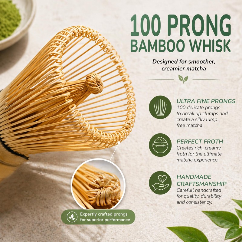 Matchaeco Bamboo Matcha Whisk | 100 Prong Traditional Chasen, Handcrafted