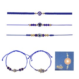 Rakhi for Brother and Bhabhi, 5Pcs Blue Rakhi Evil Eye Bracelets with Greeting Card Gifts Set Pack, Adjustable Woven Bracelet for Indian Raksha Bandhan Bhai Dooj Brother Sister Rakhi Thread