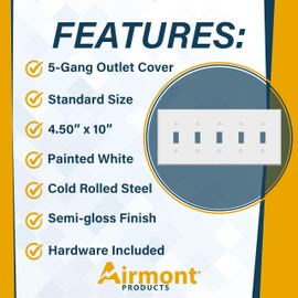 5-Gang Toggle Switch Cover, Light Switch or Receptacle Outlet Wall Plate, White Painted Metal, 5-Gang Standard Size, 4.5'' x 10'', Corrosion Resistant, Unbreakable Metal, Made In USA
