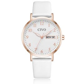 CIVO Womens Watch Leather White: Ladies Waterproof Analog Quartz Watch Fashion Simple Elegant Dress Womens Wrist Watches