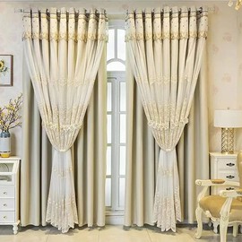 Amidoudou 1 Pair European Double Layer Curtains with Valances for Living Room Bedroom Luxury 3D Flower Embroidered Curtains (Beige,52x96 Inch)