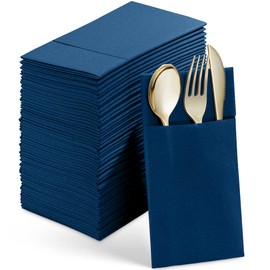 Disposable Linen-Feel Dinner Napkins With Built-in Flatware Pocket, 50-Pack BLUE Prefolded Cloth Like Paper Napkins For Wedding, Dinner Or Party