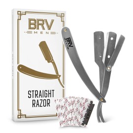 BRV MEN Professional Straight Edge Barber Razor w/ 100 Single Edge Razor Blades | Straight Razors for Men | Barbershop Accessories | Mens Shaving Knife & Shavette - Silver