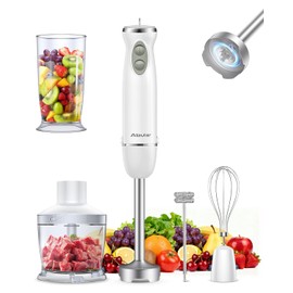 Immersion Blender Handheld 5 in 1 Hand Blender, 1000W Hand Mixer Stick, BPA-Free 12 Speed Handheld Blender with Mixing Beaker, Chopper, Whisk and Milk Frother for Soup, Sauce, Baby Food (White)