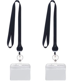 YOUOWO Badge Holder - Reel for Hanging Name Tags, ID Card Holder Neck Strap Reel Clip Keychain, Extendable, Black, Horizontal, 2-Piece Set