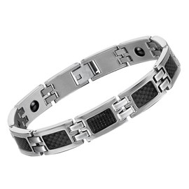 Cupimatch Men's bracelet, stainless steel bicycle chain, motorcycle chain with black carbon fibre design, magnetic therapy bangle, magnets in each link for men, Stainless Steel Stainless steel magnet