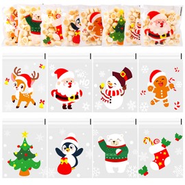 FOIMAS 240pcs Christmas Cellophane Treat Bags, Self Adhesive Christmas Candy Cookie Bag Small Plastic Goodie Bags with Snowflake Santa Claus Xmas Trees Bag for Xmas Party Favor Supply