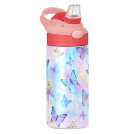 Butterfly Girls Water Bottle with Straw and Carry Handle Rainbow Cute Animals Vacuum Insulated Stainless Steel Bottles Leak-Proof for Boys Kids Toddler 12 oz Pink Lid