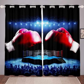 Boxing Gloves Pattern Curtain Sports Theme Window Drapes for Kids Boys Girls Teens Boxing Match Window Treatments Breathable Cool Red Blue Window Curtain Room Decor W46*L72