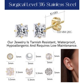 Staligue 5MM Titanium Earrings for Women men,20G Titanium Stud Earrings for Sensitive Ears Hypoallergenic Opal Pearl Cubic Zirconia Small Surgical Steel Earrings Silver Stud Earrings Set for women