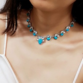 Cimenexe Bohemian Turquoise Choker Necklace Water Drop Turquoise Pendant Necklace Teardrop Moonstone Necklace Choker Silver Crystal Necklace Chain Blue Natural Stone Necklace Jewellery for Women
