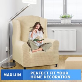 MAXIJIN Wingback Chair Covers 1-Piece Stretch Wing Chair Covers Soft Thick Wingback Armchair Slipcover Non-Slip High Back Chair Furniture Protector Washable (Wing Chair, Light Beige)