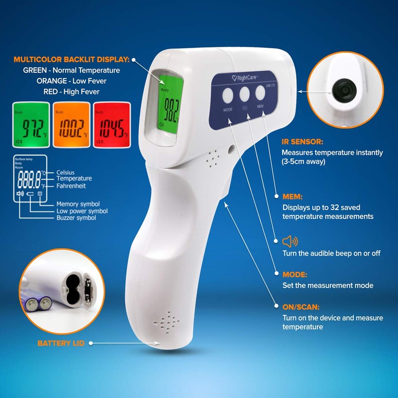 RightCare No-Touch Infrared Forehead Thermometer with Instant Results for School,
