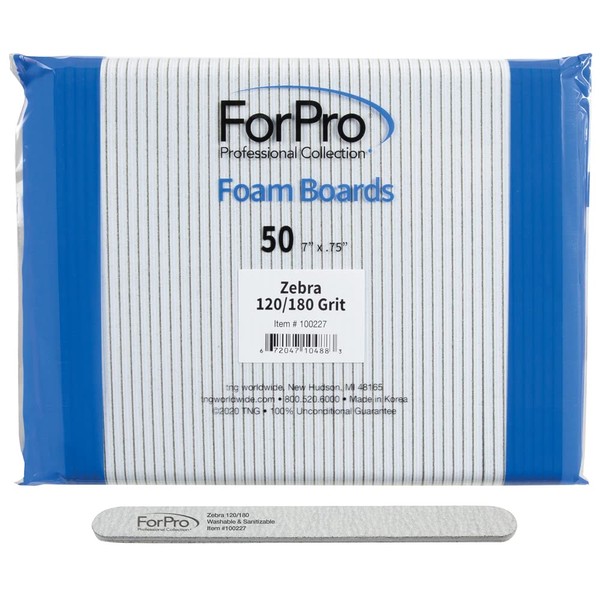 ForPro Zebra Foam Board, 120/180 Grit, Double-Sided Manicure Nail File, 7” L x .75” W 50-Count