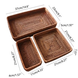 i-lan Set of 3 Handmade Coffee Rattan Rectangle Serving Tray 14" Honey Brown Wicker Serving Organizer Fruit Platter with 2” Wall Long Rectangle Decorative Bathroom Accessories Basket Tray
