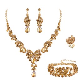 EVER FAITH Rhinestone Crystal Wedding Flowers Wave Teardrop Necklace Earrings Set, Crystal