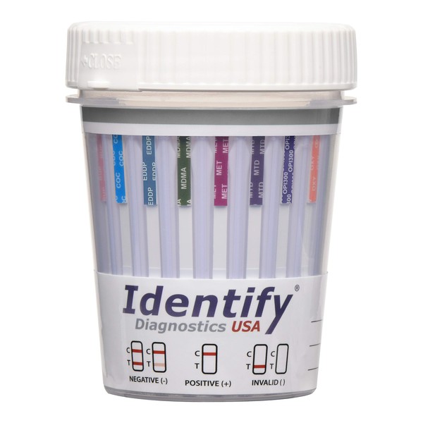 5 Pack Identify Diagnostics USA 14 Panel Drug Test Cup - Made in USA - AMP500, BAR300, BUP10, BZO300, COC150, EDDP300, MDMA500, MET500, MTD300, OPI300, OXY100, PCP25, TCA1000, THC50 ID-US14-ADULT