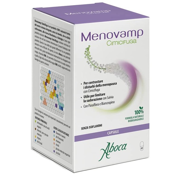 Aboca Menovamp Cimicifuga 60 Capsules - Food Supplement to Fight Menopause Disorders with Cimicifuga, Useful to Limit Sweating with Sage - with Passionflower and Hawthorn