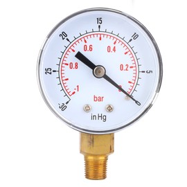 Multifunction Vacuum Pressure Gauge for Water, Oil, Air or Gas, -1-0 Bar - 30-0 inchHg Test Range 50 mm 1/8 BSPT Brass Ground Connection Small Low Pressure Gauge