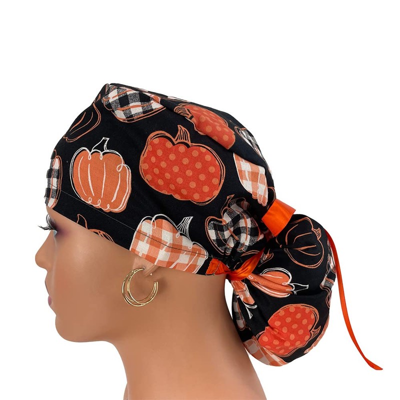 Ponytail Medical Scrub Cap - Orange, Black & White Patterned
